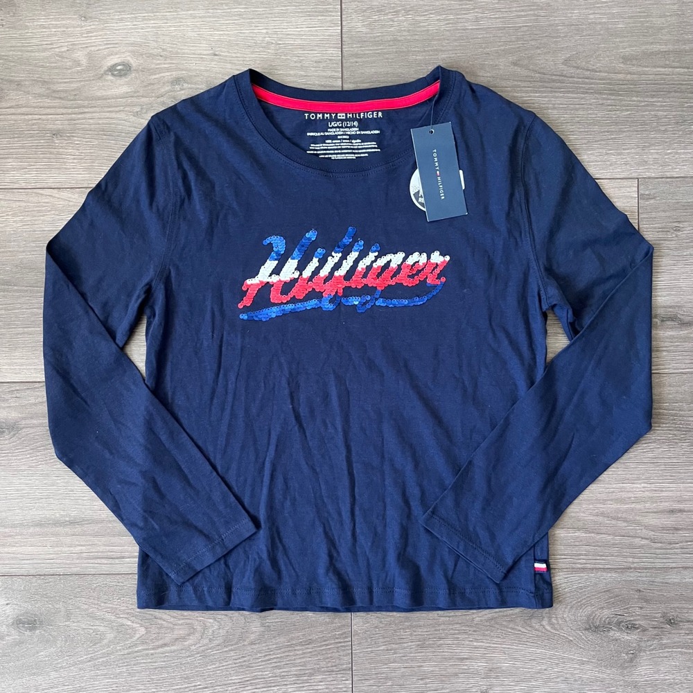 Tommy Hilfiger Girls Navy Sequin Logo Long Sleeve T-Shirt Size L 12/14 TGFDA39S